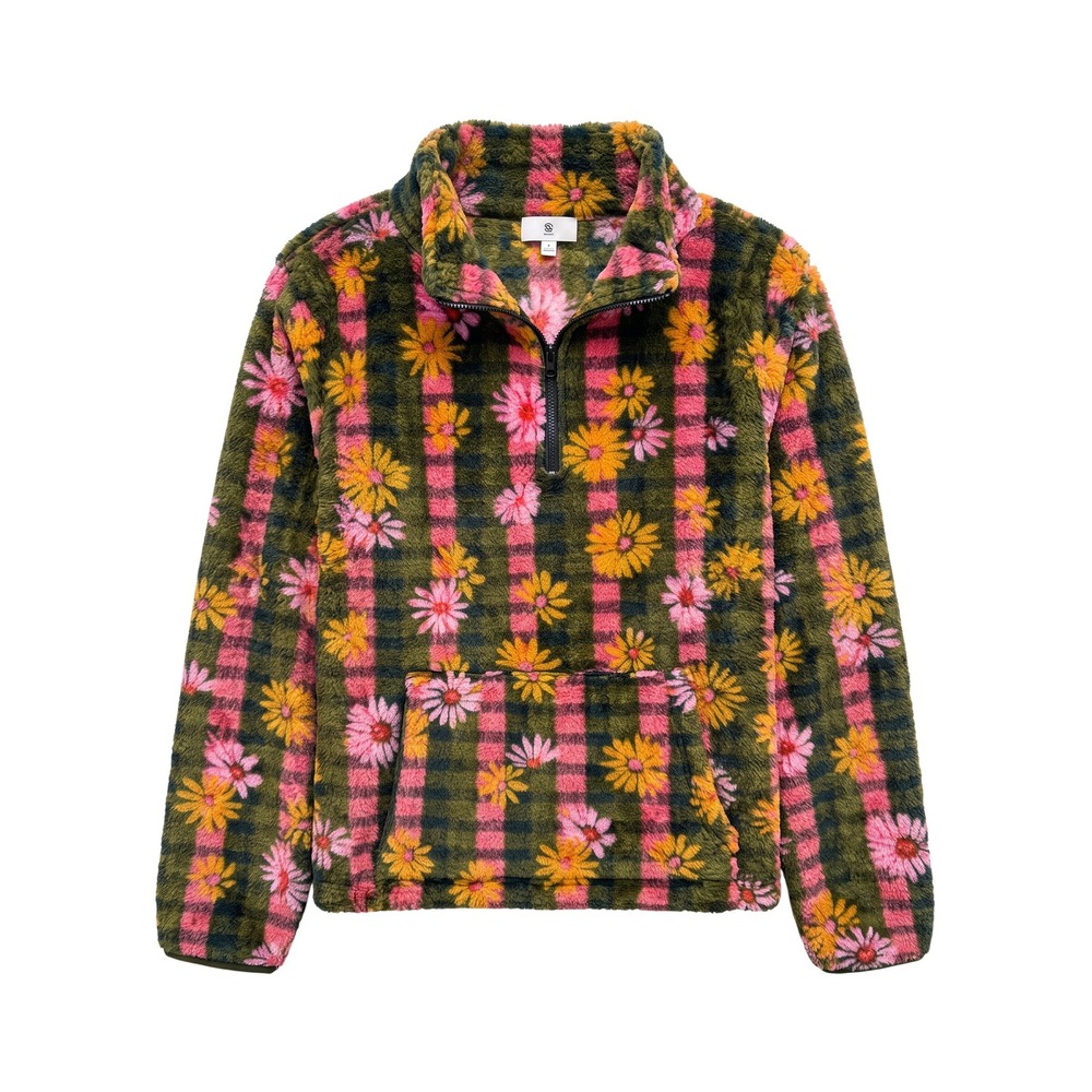 Natural Life Coziest Sweatshirt M NWT Plaid Floral Daisy Boho Fleece Quarter Zip
